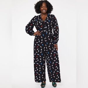 Joanie Colorful Lightning Print Women’s Size 14 Long Sleeve Black Jumpsuit NWT